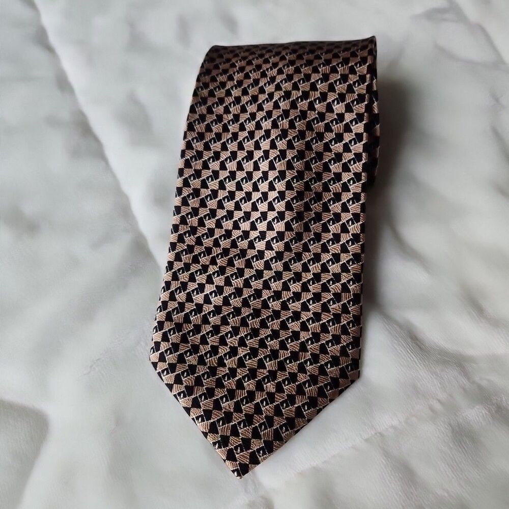 ENRO 100%‎ Silk  Handmade Modern Checked Gold & Black  Mens NeckTie